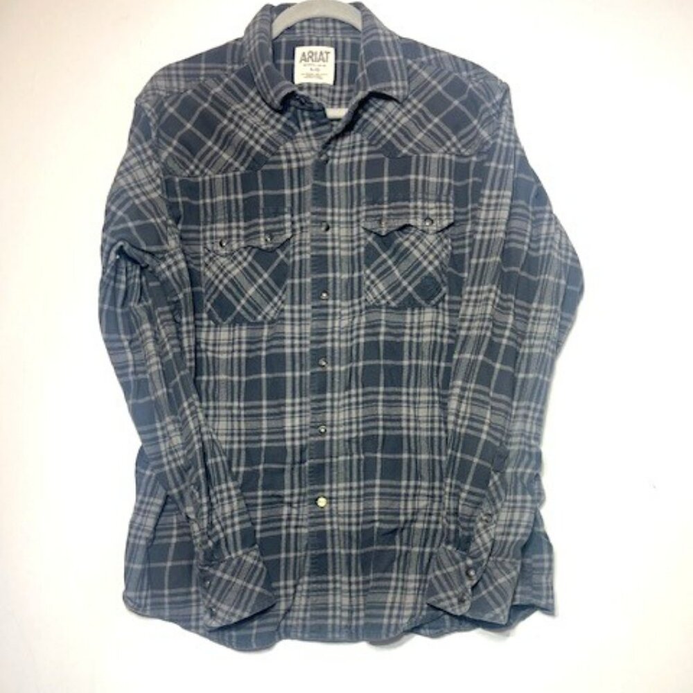 Ariat Retro Fit Soft Plaid Gray Western Cotton Flannel Snap Collared Shirt Sz L
